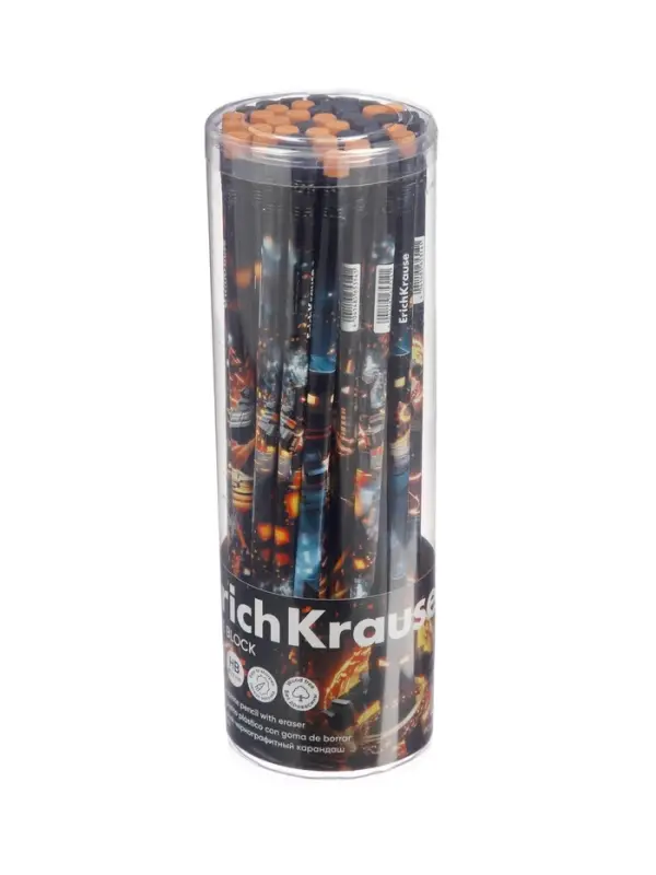 Карандаш чернографитный ErichKrause Mine Block трехгранный, с ластиком HB, в тубусе, МИКС