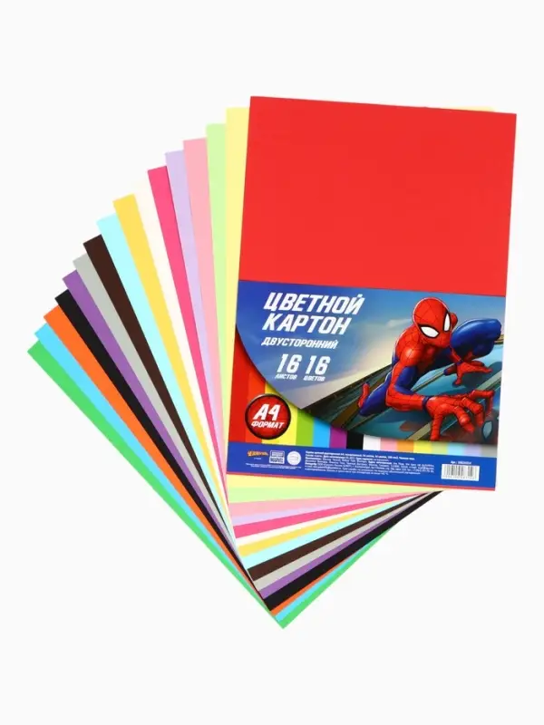 Цветной картон тонированный, А4, 16 листов, 16 цветов, 180 г/м&sup2;, &laquo;Супергерой&raquo;