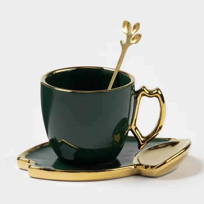Чайная пара пара &laquo;Ливона&raquo;, 3 предмета: чашка 200 мл, блюдце, ложка, керамика, изумрудная