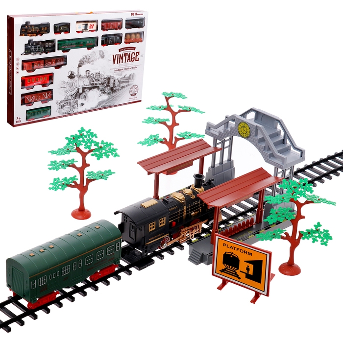 Железная дорога «Винтаж», 2 состава в комплекте, свет и звук, работает от батареек Железная дорога «Винтаж», 2 состава в комплекте, свет и звук, работает от батареек