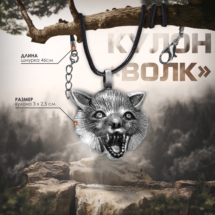 Кулон-амулет «Волк» защита, цвет чернёное серебро на чёрном шнурке, 46 см