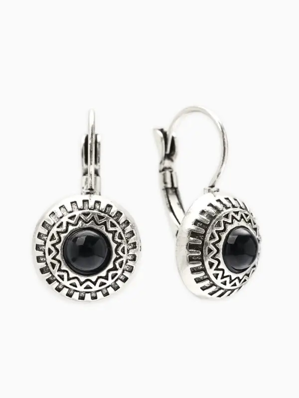 Серьги под натуральный камень &laquo;Этника&raquo;, круг в узорах, чёрные в чернёном серебре