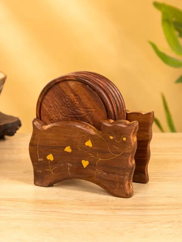 Подставка под горячее  Подставка под горячее "Кошка" (набор 6 шт), 11,5х13х6,5 см, дерево шишам