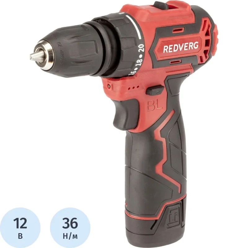 Дрель-шуруповерт акк. REDVERG RD-SD12BLR бесщ.2 АКБ x  Li-ion (12В, 2 Ач)
