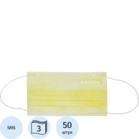 Маска медицинская 3-х сл., резинка, желтый, Sense, картон 50шт/уп