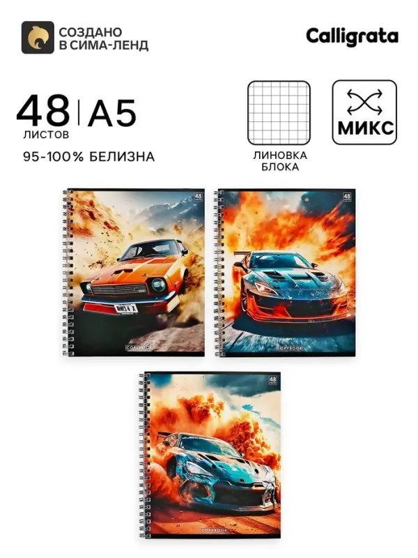 Тетрадь 48 листов в клетку на гребне Calligrata &laquo;Авто&raquo;, МИКС