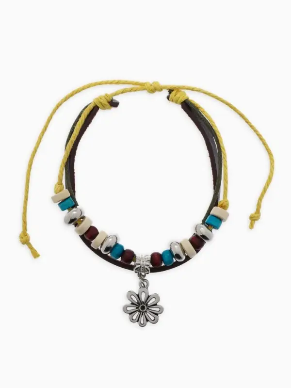 Браслет кожаный &laquo;Цветок с бусинами&raquo;, d=5 см, 3 нити, разноцветный