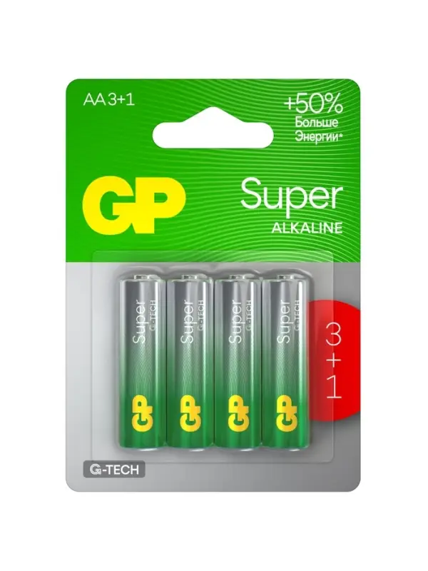 Батарейка алкалиновая GP Super, AA, LR6-4BL, 1.5 В, блистер, 3+1 шт.