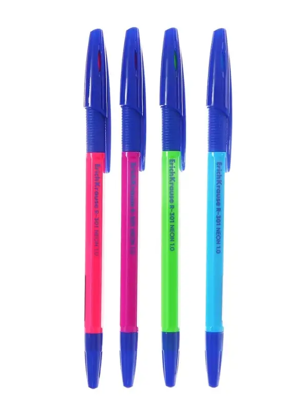 Ручка шариковая ErichKrause R-301 Neon Stick & Grip, узел 0,7-1.0 мм, чернила синие, резиновый держатель, длина линии письма 2000 метров, МИКС
