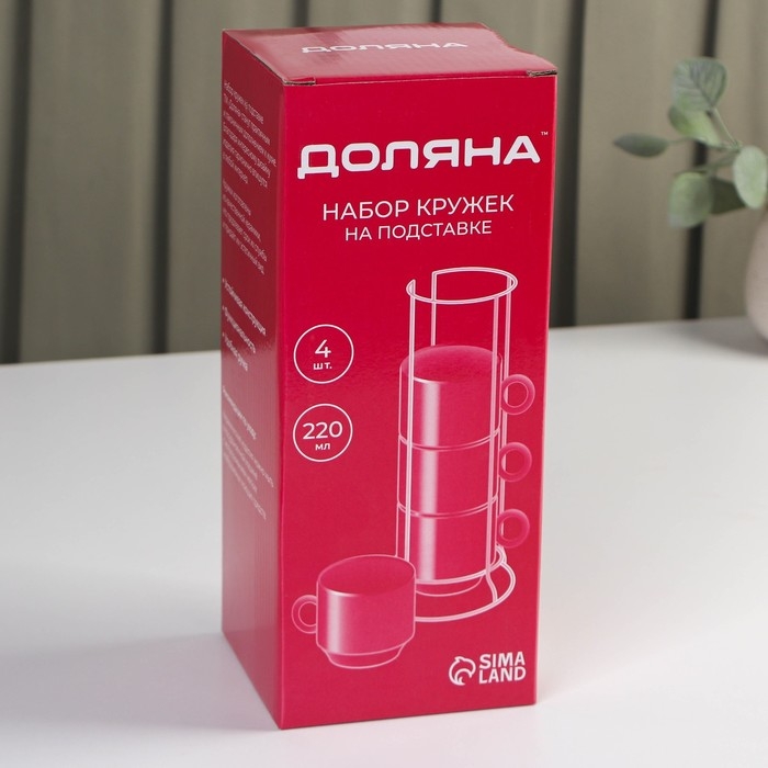 Набор кружек керамических на металлической подставке Доляна «Панда», 4 предмета: 220 мл, цвет белый