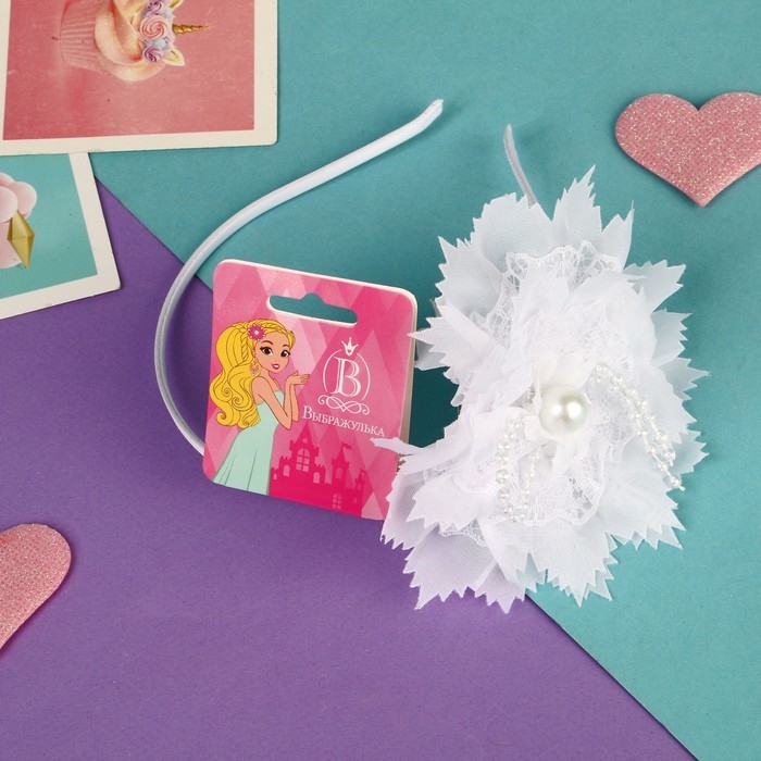 Ободок для волос  Ободок для волос "Фелиция" кружево бусинка, 0,5 см, белый