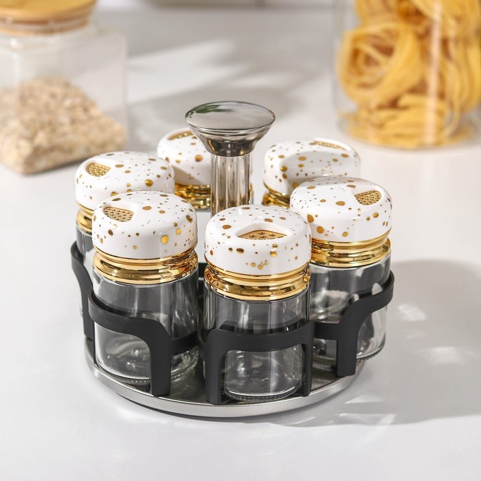 Набор для специй из стекла на подставке Magistro «Белый мрамор», 6 шт, цвет белый Набор для специй из стекла на подставке Magistro «Белый мрамор», 6 шт, цвет белый