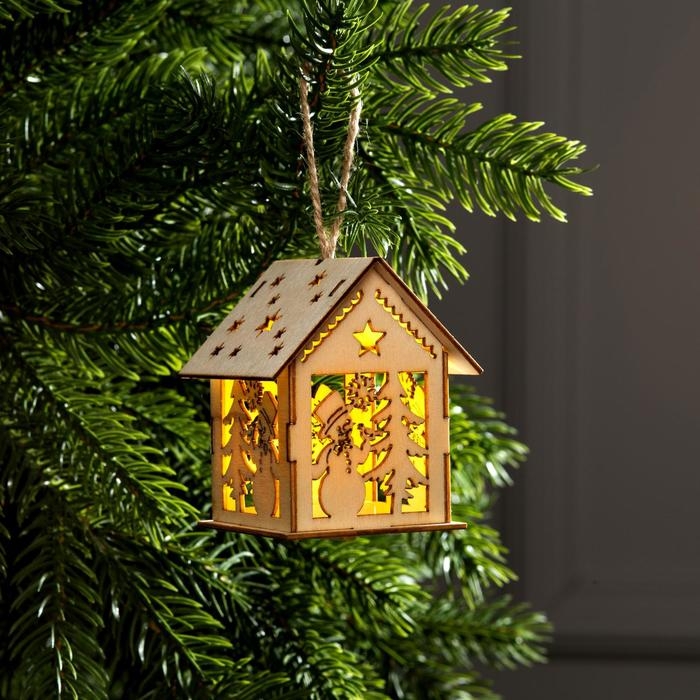 Ёлочная игрушка «Домик со снеговиком», от батареек, свечение тёплое белое Ёлочная игрушка «Домик со снеговиком», от батареек, свечение тёплое белое