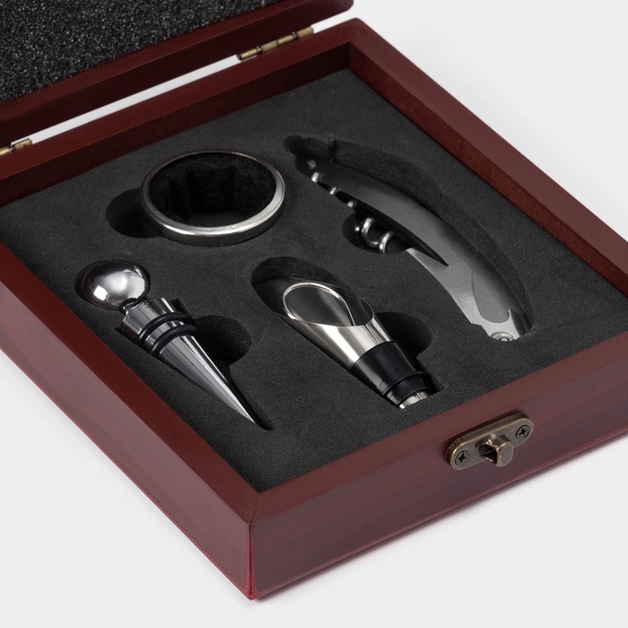 Набор для вина Доляна «Бордо», 4 предмета: кольцо, пробка, каплеуловитель, нож для срезания фольги Набор для вина Доляна «Бордо», 4 предмета: кольцо, пробка, каплеуловитель, нож для срезания фольги