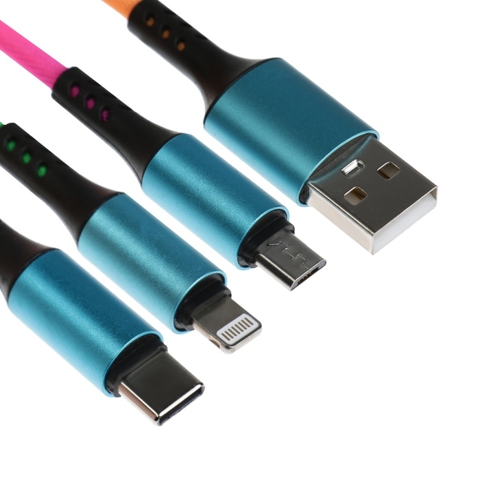 Кабель брелок 3 в 1, MicroUSB/Type-C/Lightning - USB, 2.4 А, разноцветный Кабель брелок 3 в 1, MicroUSB/Type-C/Lightning - USB, 2.4 А, разноцветный
