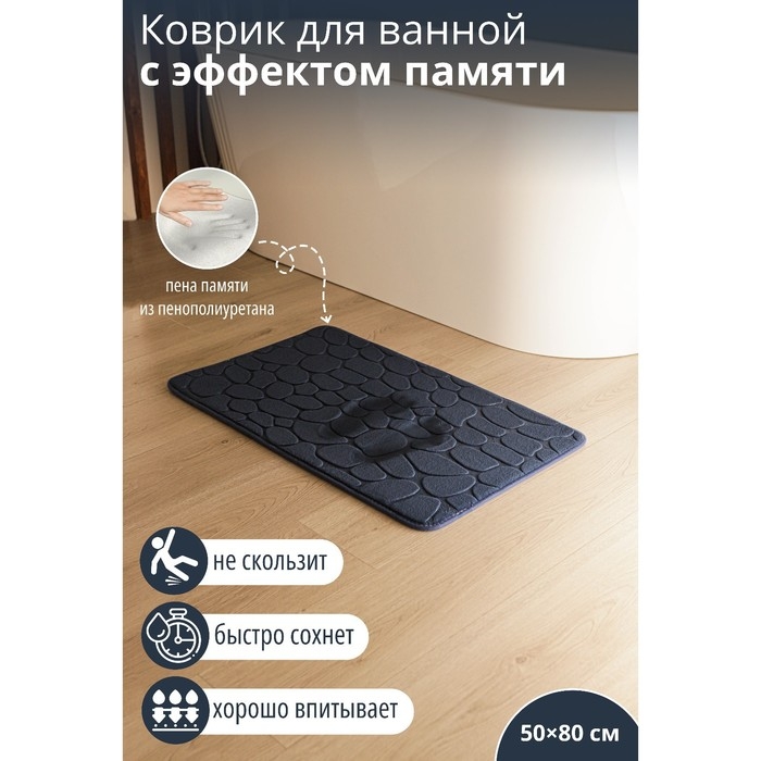 Коврик для ванной и туалета SAVANNA Memory foam, 50×80 см, цвет синий Коврик для ванной и туалета SAVANNA Memory foam, 50×80 см, цвет синий