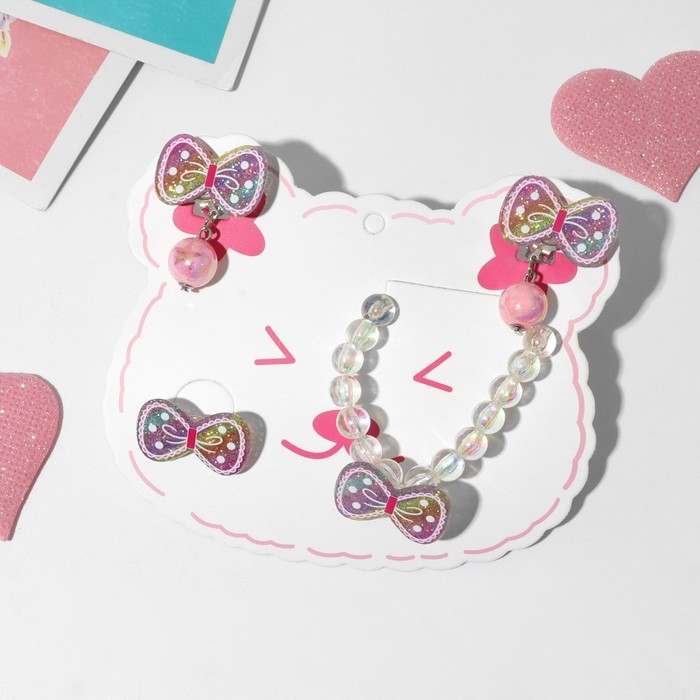 Набор детский «Выбражулька» 3 предмета: клипсы, браслет, кольцо, бантики, цветной Набор детский «Выбражулька» 3 предмета: клипсы, браслет, кольцо, бантики, цветной