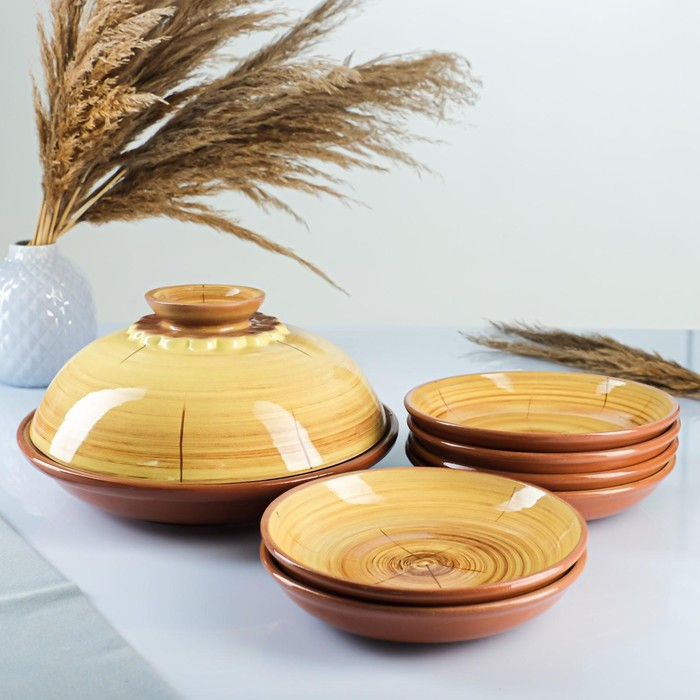 Набор для блинов 7 предметов: 1 шт. блинница, 6 шт. тарелок, с росписью, можжевельник Набор для блинов 7 предметов: 1 шт. блинница, 6 шт. тарелок, с росписью, можжевельник