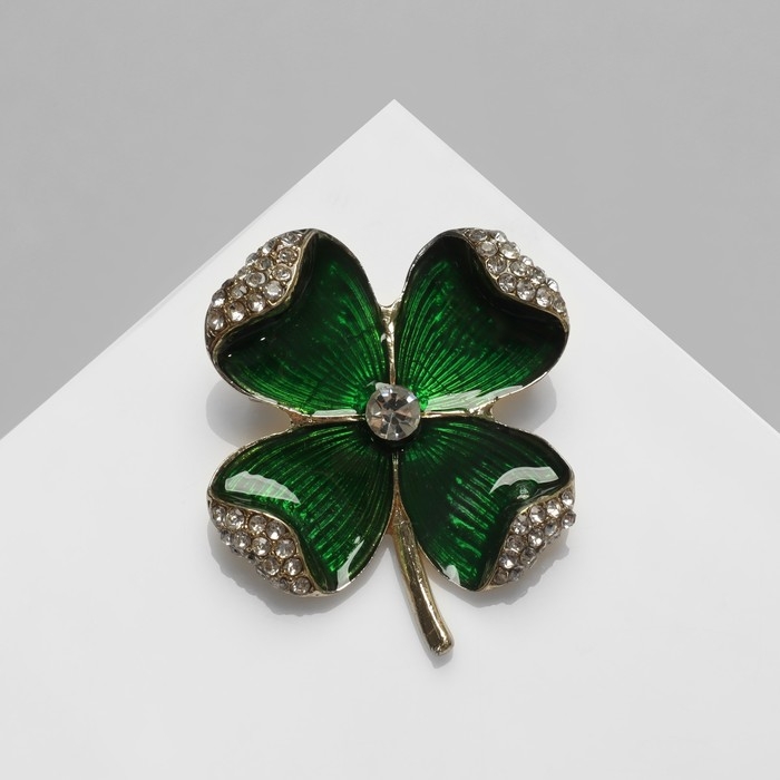 Брошь  Брошь "Клевер" на удачу, цвет бело-зелёный в золоте