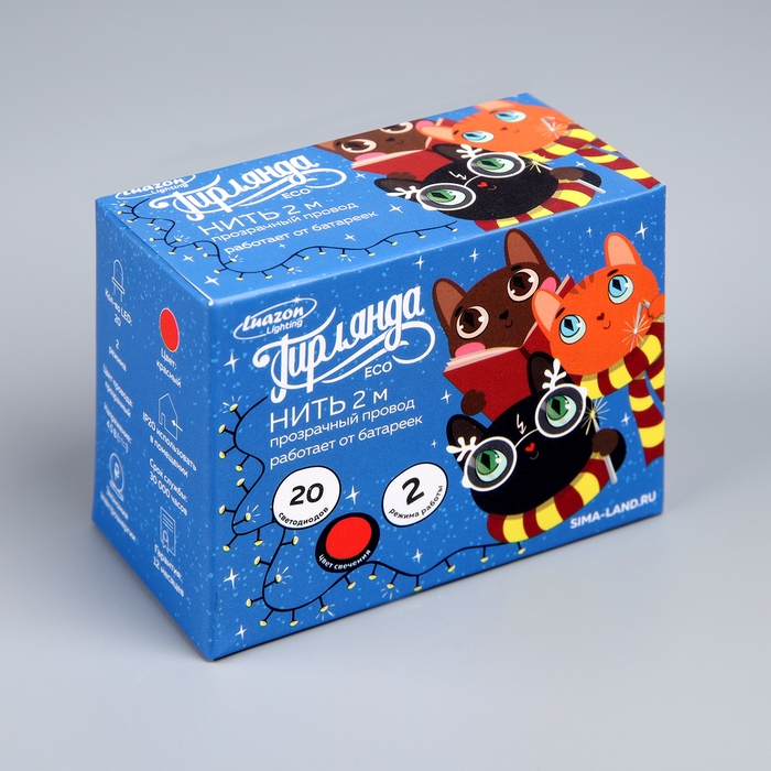 Гирлянда «Нить» 2 м, IP20, прозрачная нить, 20 LED, свечение красное, 2 режима, AAх3 Гирлянда «Нить» 2 м, IP20, прозрачная нить, 20 LED, свечение красное, 2 режима, AAх3