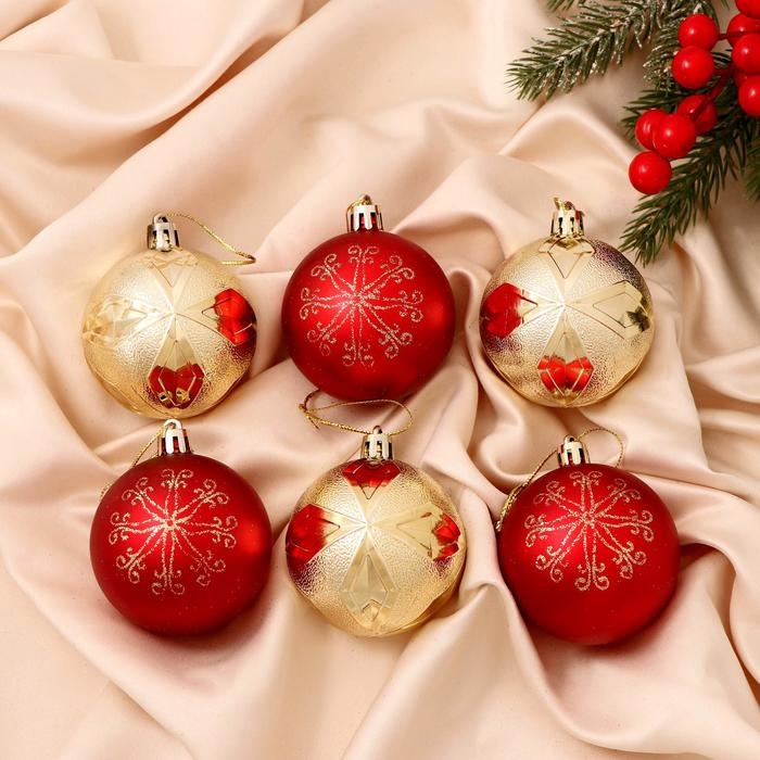 Набор шаров пластик d-6 см, 6 шт Набор шаров пластик d-6 см, 6 шт "Беата узоры" золотисто-красный