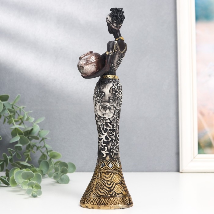 Сувенир полистоун  Сувенир полистоун "Африканка с кувшином, в платье с серебристыми цветами" МИКС 25,5х7х5 см