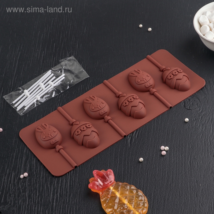 Форма для леденцов Доляна «Пасхальный кролик», силикон, 26×10×1 см, 6 ячеек, с палочками, цвет коричневый Форма для леденцов Доляна «Пасхальный кролик», силикон, 26×10×1 см, 6 ячеек, с палочками, цвет коричневый