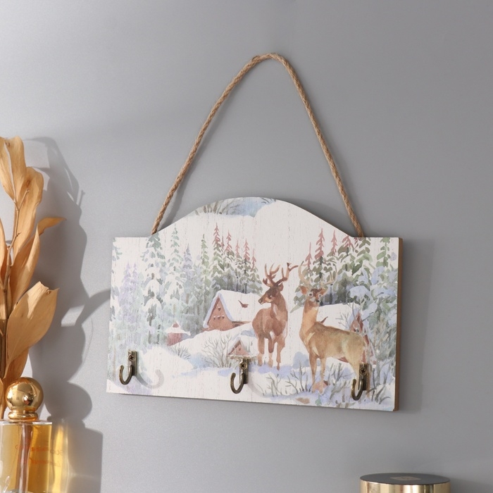 Крючки декоративные дерево Крючки декоративные дерево "Олени у заснеженного домика" 23х15 см