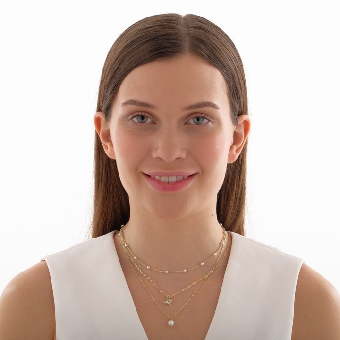 Кулон «Бабочка» с бусинами, многоярусный, цвет белый в золоте, d=8, 50 см Кулон «Бабочка» с бусинами, многоярусный, цвет белый в золоте, d=8, 50 см