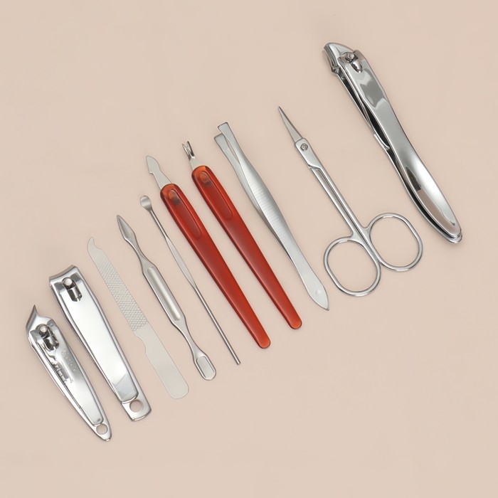 Набор маникюрный, 10 предметов, в футляре, цвет коричневый Набор маникюрный, 10 предметов, в футляре, цвет коричневый