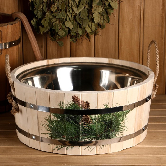 Шайка из липы, 12,5 л, нержавеющая вставка, нержавеющий обод, Шайка из липы, 12,5 л, нержавеющая вставка, нержавеющий обод, "Еловая ветка"