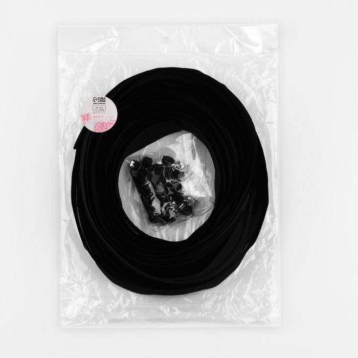 Набор: рулонная молния «Спираль» №5, 10 м, 20 бегунков, 40 верхних ограничителей, 20 нижних ограничителей, цвет чёрный Набор: рулонная молния «Спираль» №5, 10 м, 20 бегунков, 40 верхних ограничителей, 20 нижних ограничителей, цвет чёрный