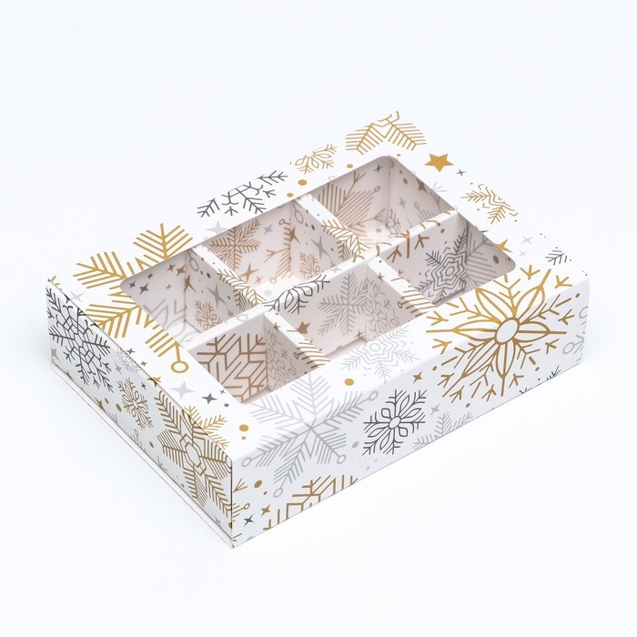 Новый год. Коробка под 6 конфет Новый год. Коробка под 6 конфет "Снежинки", 13,7 х 9,8 х 3,8 см, кондитерская упаковка