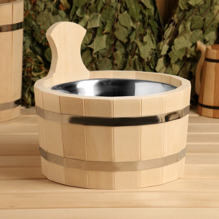 Шайка из липы, 3 л, круглая, нержавеющая вставка, Шайка из липы, 3 л, круглая, нержавеющая вставка, "Добропаровъ"