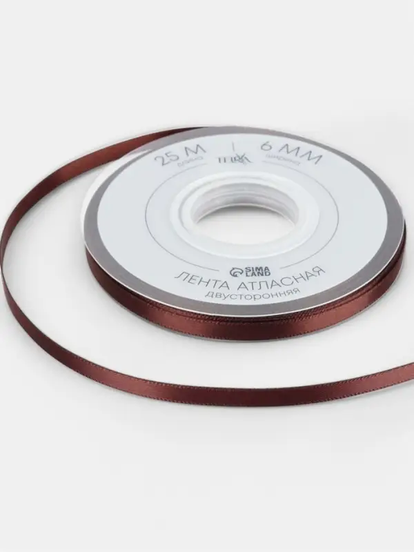 Лента атласная TEIRA, двухсторонняя, 6 мм, 25&plusmn;1 м, коричневая №0850