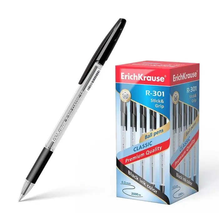 Ручка шариковая ErichKrause R-301 Classic Stick & Grip, узел 1.0 мм, чернила чёрные, резиновый упор, длина линии письма 800 метров