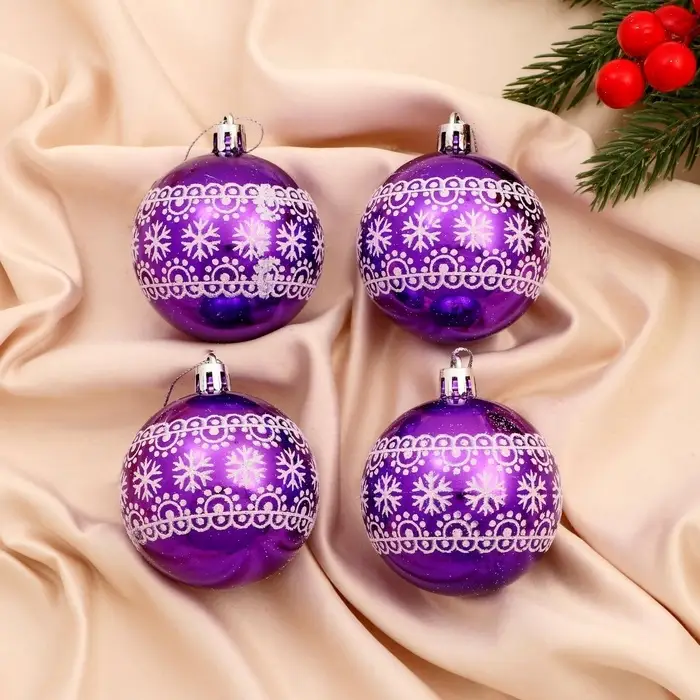 Ёлочные игрушки &laquo;Кружева природы&raquo;, шары новогодние, d=6 см, набор 4 шт., бело-фиолетовый