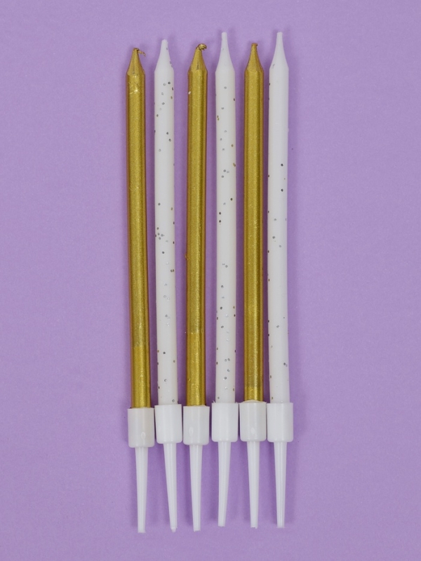Свечи для торта  Свечи для торта "Блестящая вечеринка", 6 шт, белый, золотой и белый