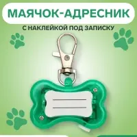 Маячок-адресник &laquo;Косточка&raquo;, с наклейкой под записку, 3 режима свечения, пластик, металл, зелёный