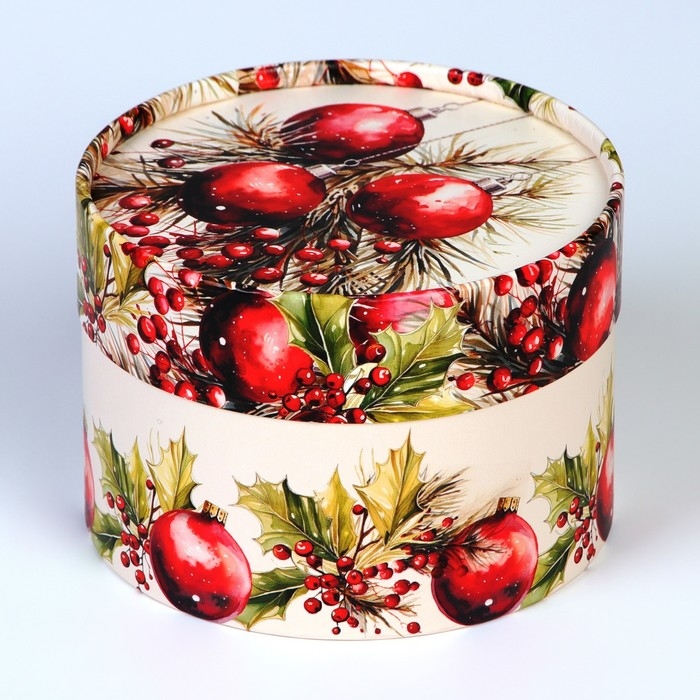 Новый год. Коробка подарочная новогодняя для макарун тубус без окна Новый год. Коробка подарочная новогодняя для макарун тубус без окна "Гранат", 12 х 8 см.