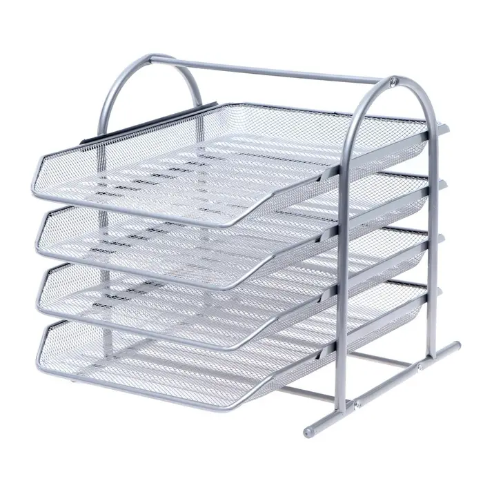 Лоток для бумаг горизонтальный, металлическая сетка, 4 отделения, серый