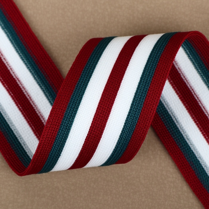 Тесьма трикотажная лампас 40 мм, 9,1 ± 0,5 м, цвет бордовый/зелёный/белый