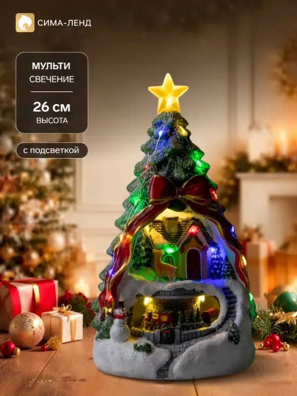 Светодиодная фигура &laquo;Поезд и оленёнок&raquo; 26&times;14&times;14 см, полистоун, от батареек АААх3, свечение мульти