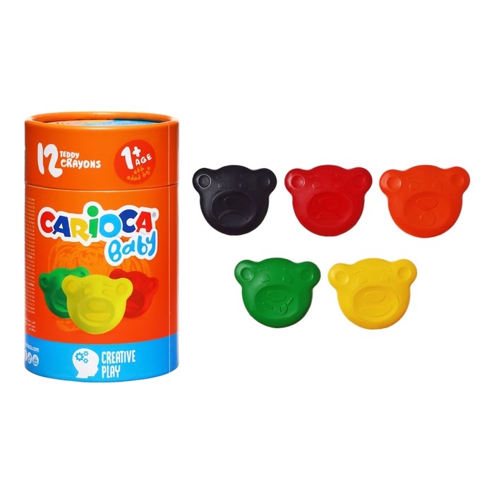 Мелки восковые 12 цветов, Carioca Мелки восковые 12 цветов, Carioca "Baby", фигурные, гипоаллергенные, для малышей, подарочный тубус