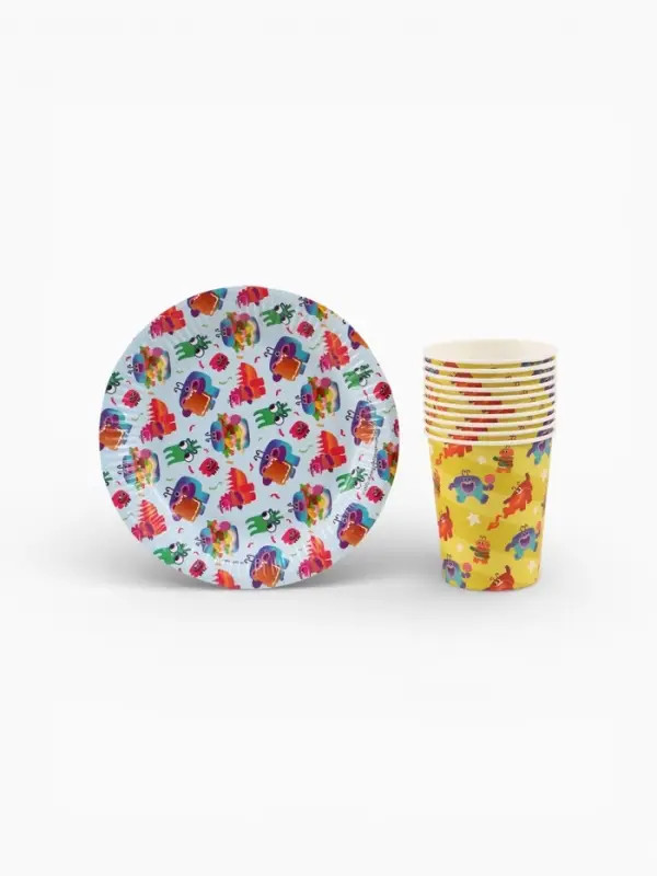 Посуда одноразовая бумажная 20 предметов: 10 стаканов, 10 тарелок, Ум и Хрум