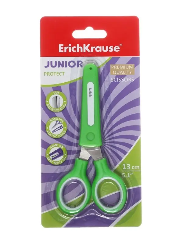 Ножницы детские ErichKrause Junior Protect, 13 см, с пластиковым чехлом и именным стикером, в блистере, МИКС
