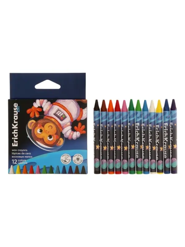 Восковые мелки 12 цветов, ErichKrause Kids Space Animals, трёхгранные