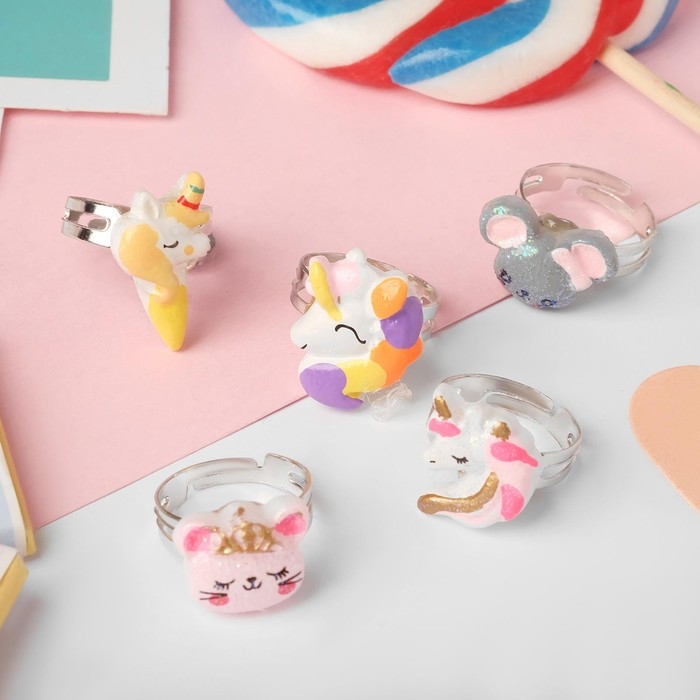 Набор детских колец «Пальчики» волшебство, 5 шт., форма МИКС, цветные, безразмерные Набор детских колец «Пальчики» волшебство, 5 шт., форма МИКС, цветные, безразмерные