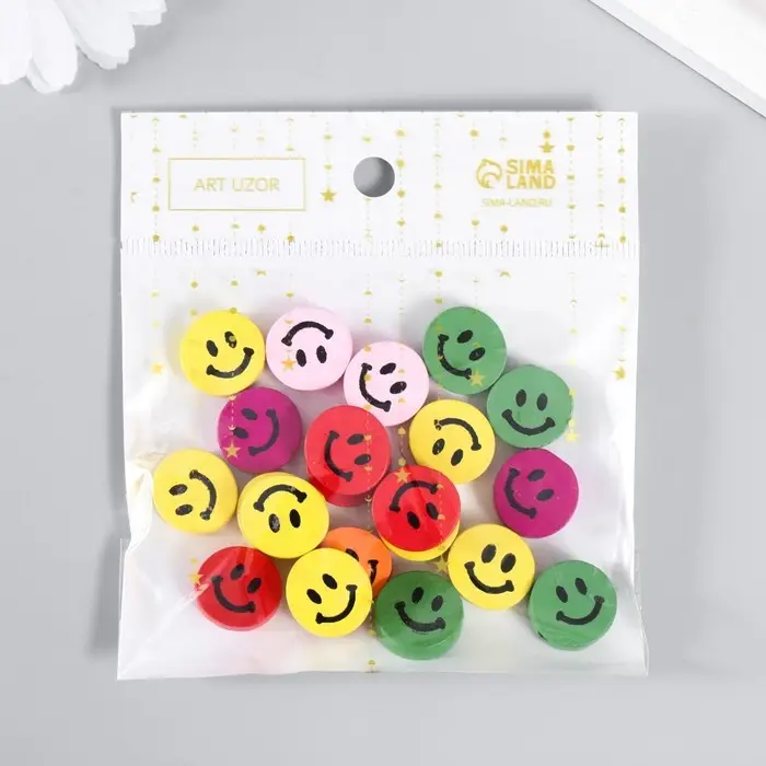 Набор бусин для творчества дерево  Набор бусин для творчества дерево "Смайлики цветные" набор 15 гр 0,6х1,7х1,7 см
