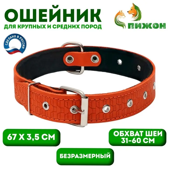 Ошейник тиснёный, 67&times;3.5 см, ОШ 31-60 см, на фетре, безразмерный, кожа, оранжевый